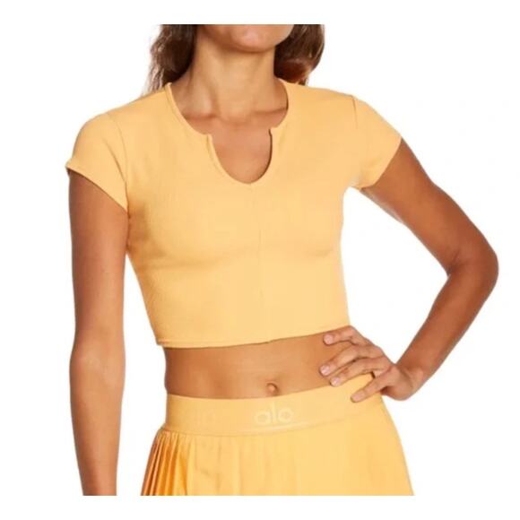 ALO YOGA Ribbed Short Sleeve Cropped Savvy Orange Small - Picture 1 of 6
